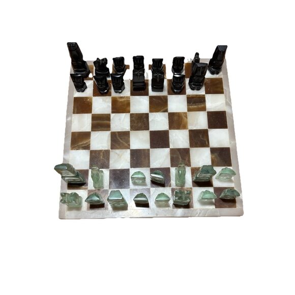Handmade Other - VTG Mexican Aztec Onyx Marble Chess, Backgammon Hand Carved Pieces